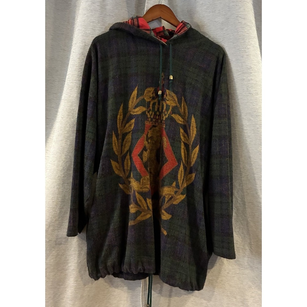 Vintage Express Tartan Plaid Poncho Mens Large Green Lion Crest French Country